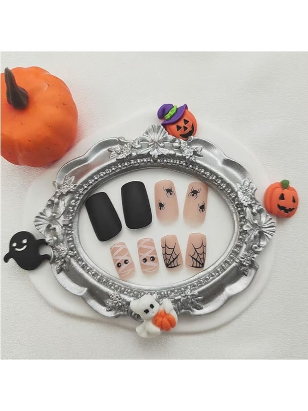 2/$10 Halloween Mummy & Spider Matte Nail Set - Black & Nude - Picture 4 of 7